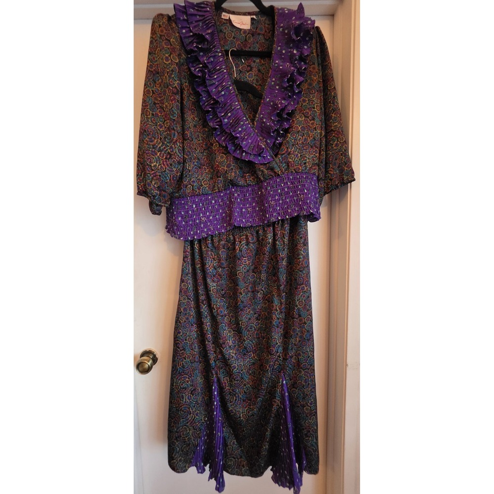 VTG 80s Susan Freis Women's SET Top Skirt 11 Purple Floral Polka Dots USA Made